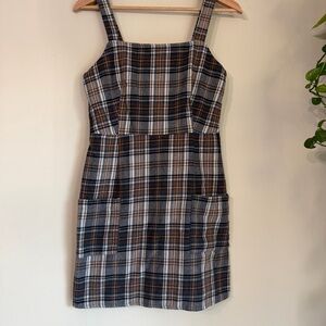 American Eagle Plaid Square-Neck Mini Dress in Navy and Brown w/ Pockets